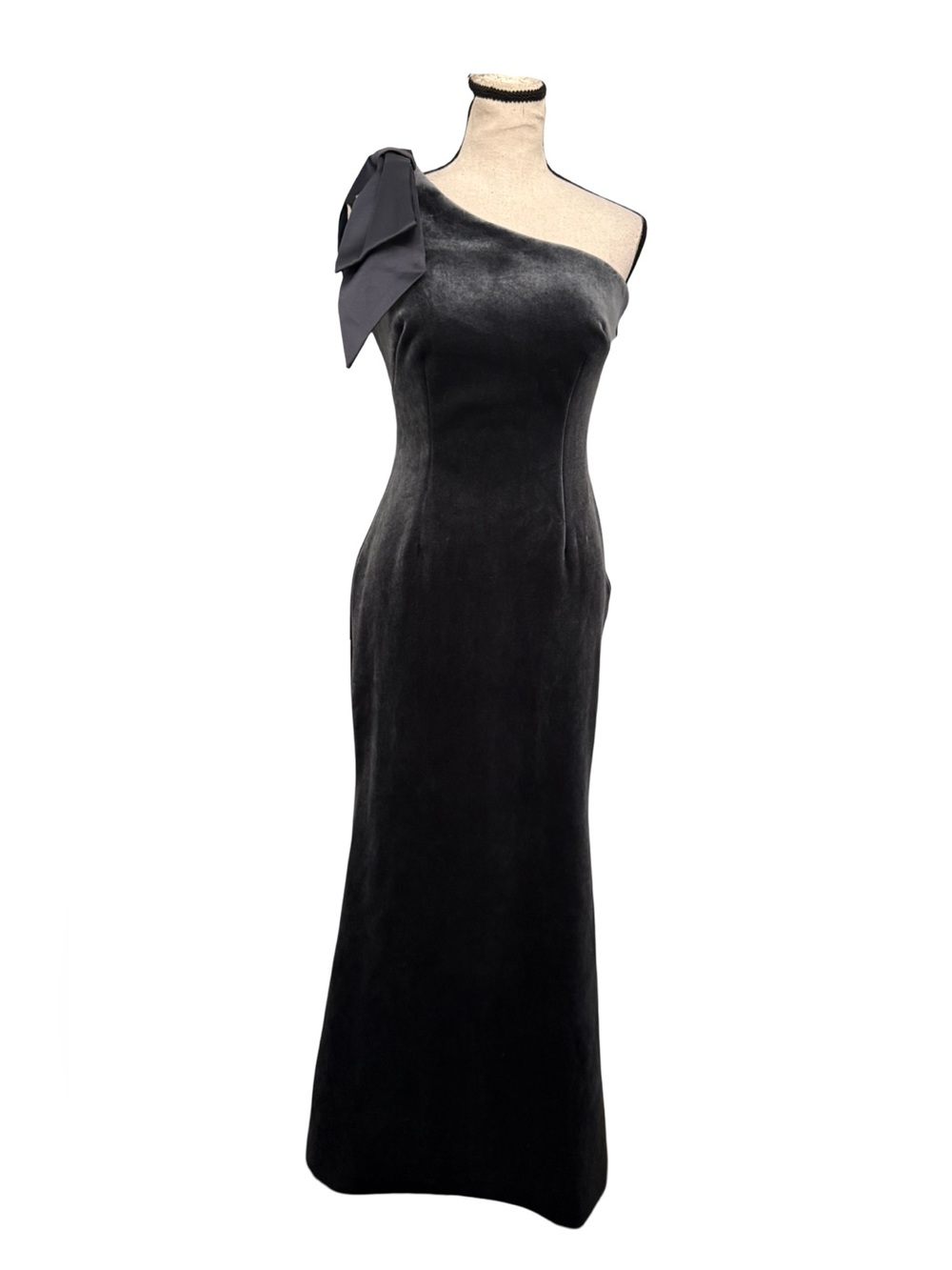 Elisa J Gray Velvet One Shoulder Bow Maxi Evening Dress Size